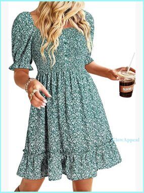 Cotton Smocked Square Neck Mini Dress with Floral Print